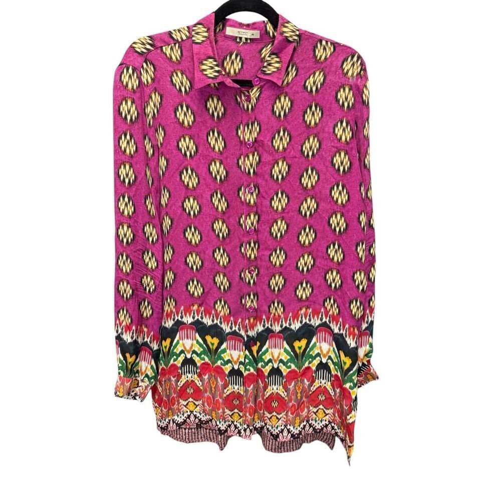 Etro 100% Silk Button-Up Blouse Pink Ikat Print Size US 10 (IT 46) - Picture 3 of 15